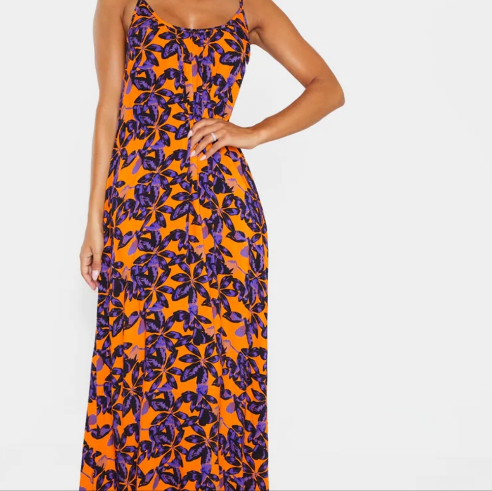 Orange Shadow Leaf Low Back Oversized Maxi Beach Dress